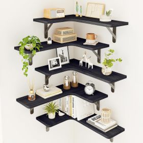 Rustic Wood Wall Mounted Corner Shelf for Bathroom, Kitchen, Bedroom, Home Decor, Laundry Room, Living Room, Set of 5 (Black)